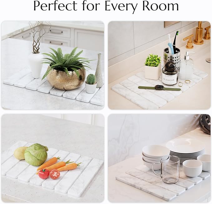 Stone Drying Mat for Kitchen Counter - Collapsible Diatomaceous Earth Dish Drying Stone - Fast Absorbent Stone Dish Drying Mat for Dishes and Pots (White Marble) - Image 6