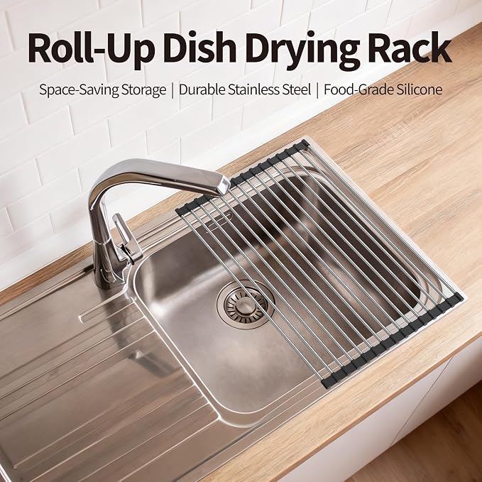 Roll Up Dish Drying Rack for Over Sink -17.5"x11.8" Foldable Stainless Steel Kitchen Drainer, Black - Image 2