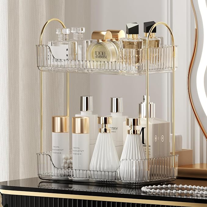Akinbas 2 Tier Bathroom Organizer Countertop Makeup Perfume Tray Skincare Organizer for Bathroom Dresser Vanity (White) - Image 7