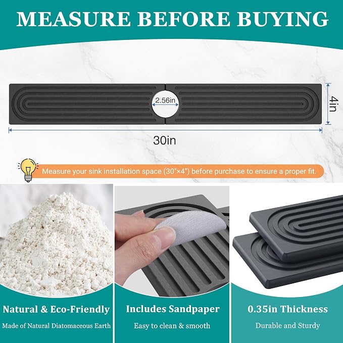 Stone Faucet Mat for Kitchen Sink - Quick Dry Diatomite Sink Splash Guard, Prevents Moisture Buildup & Water Stains, Water Absorbing Stone Tray for Bathroom Countertop (Dark Gray, 30" x 4") - Image 3