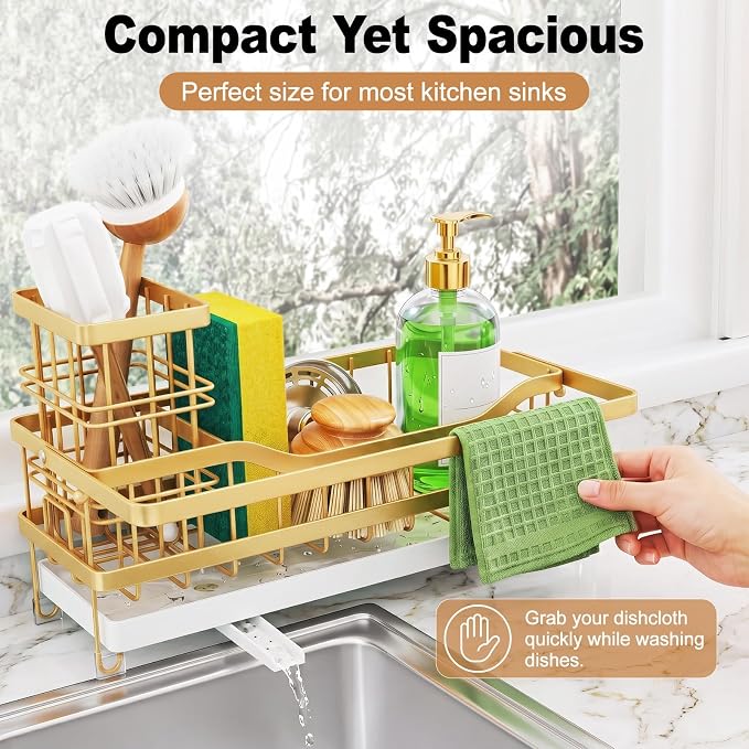Sponge Holder for Kitchen Sink, Self-draining Sink Caddy, Gold | Metal Countertop Organizer with Towel Rack & Brush Holder, Rustproof Sink Storage Rack for Dish Soap and Cleaning Essentials - Image 6