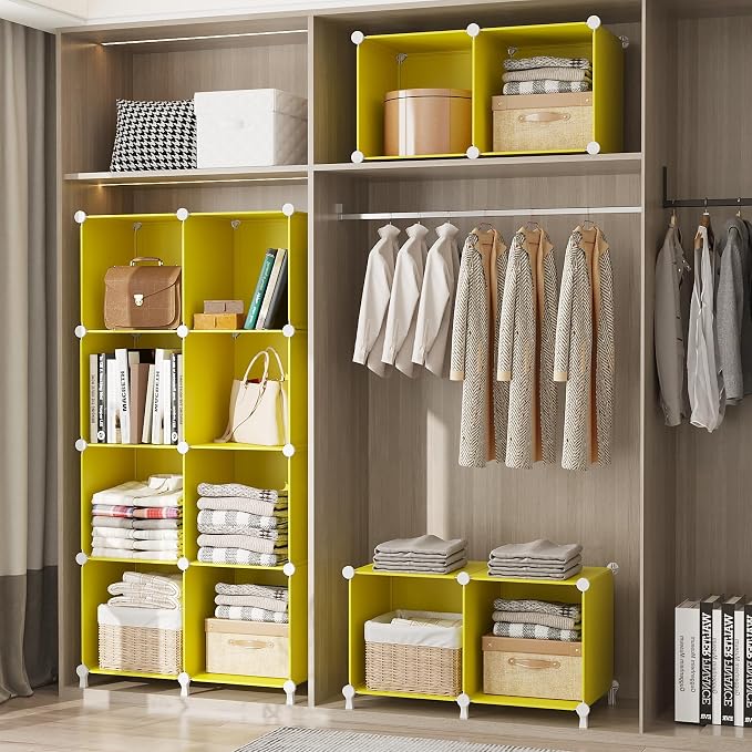 AWTATOS Cube Storage Organizer Closet Organizers 12 Cube Storage Shelves | Protable Closet for Kids DIY Stackable Cube Shelves Bookshelf Clothes Organizer for Bedroom, Home, Yellow - Image 5