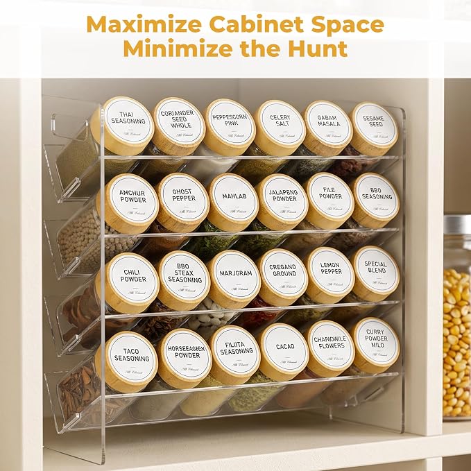 4-Tier Acrylic Spice Rack Organizer with 24 Glass Spice Jars and Wooden Lids, Clear Spice Shelf for Cabinet, Countertop, Pantry, Easy Assembly Seasoning Holder, Compact 11.6" W x 11.4" H - Image 5