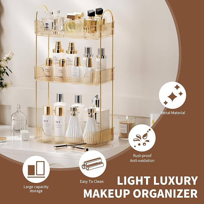 Akinbas 3 Tier Bathroom Organizer Countertop Makeup Perfume Tray Skincare Organizer for Bathroom Dresser Vanity (Gold) - Image 3
