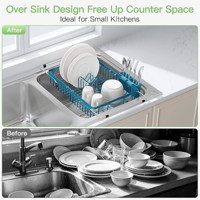 JASIWAY Blue Dish Drying Rack Over the Sink with Utensil Holder | Expandable Stainless Steel Dish Driainers for Small Kitchen, Apartment, Counter Space Saving, Fast Drain, Rust Resistant - Image 2