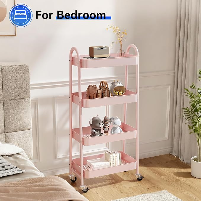 NEWBULIG 4-Tier Metal Rolling Storage Utility Cart with Lockable Wheels | Mobile Organizer Shelf, Space-Saving, Freestanding, Bathroom, Living Room, Slim, Narrow Corner Spaces, Pink - Image 7