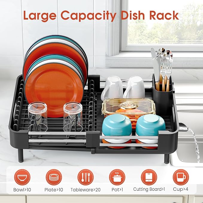 TOOLF Expandable Dish Drying Rack with Cutlery Holder, Standard, Black | Stainless Steel &PP, Extenable 12.6"-18.7"D, Anti-Rust, Auto-Drainage, Space-Saving, Fit for RV, Apartment Sink Countertop - Image 4