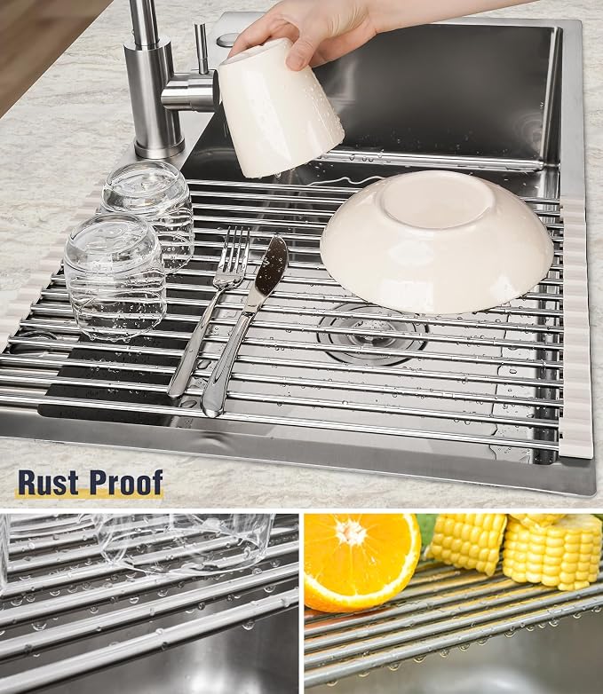 Tomorotec Roll Up Dish Drying Rack Over Sink, 304 Steel, 17.7x12.5, White | Anti-Slip Silicone Rims For Grip, Heat-Resistant Trivet Mat Holding Heavy Cookware, Rustproof Kitchen Counter Space Saver - Image 2
