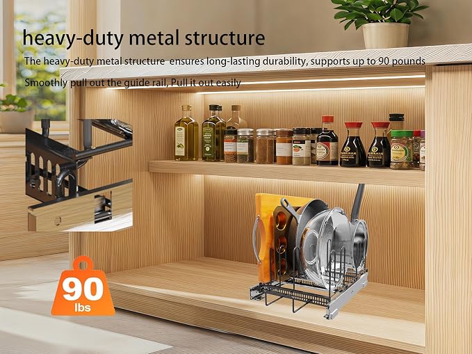 Pull-Out Pots and Pans Organizer under Cabinet | Smooth Pull-Out Rails, Heavy-Duty Metal, 10 Adjustable Dividers, Scratch-Resistant, Space-Saving, Black, 12" W x 22" D - Image 4