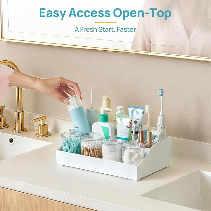 Vtopmart 5 PCS Bathroom Countertop Organizer Sets, White | 1 Divided Tray with 4 Qtip Holder Jars, For Toothbrush, Cotton Pads Balls, Floss, For Bathroom Countertop - Image 3