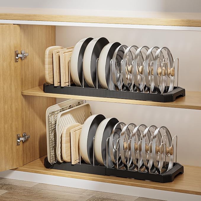 MUDEELA Pots and Pans Organizer under Cabinet, Pan Pot Organizer Inside Cabinet, Expandable 12.9''-21.88'' Pot Lid Organizer Holder with 12 Adjustable Dividers for Cutting Boards, Pan Lid Rack, Black - Image 8