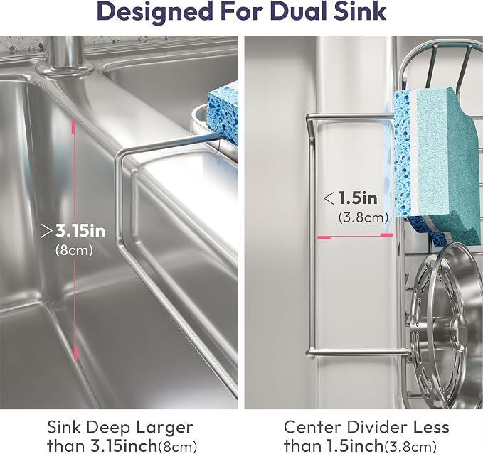 SWTYMIKI Sponge Holder for Kitchen Sink, Movable Kitchen Sink Caddy with Compact Size Rustproof and Waterproof Hanging Sponge Caddy for Double Bowl Sinks, Silver - Image 2