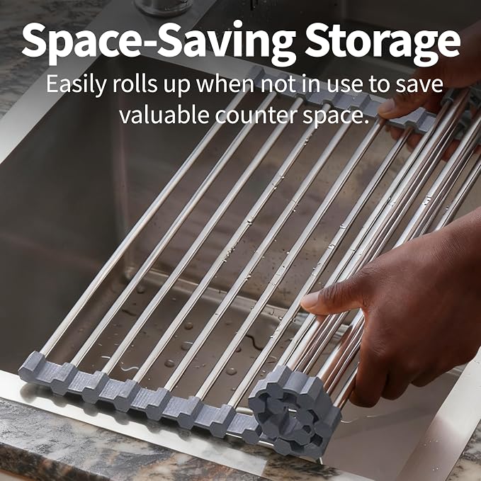 Roll Up Dish Drying Rack for Over Sink - 17.5"x15.7" Foldable Stainless Steel Kitchen Drainer,Gray - Image 4