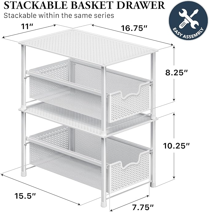 Simple Houseware Stackable Under Sink Sliding Basket Drawer, White | Perforated Free Standing Organizer, Kitchen/Pantry/Cabinet/Counter - Image 2