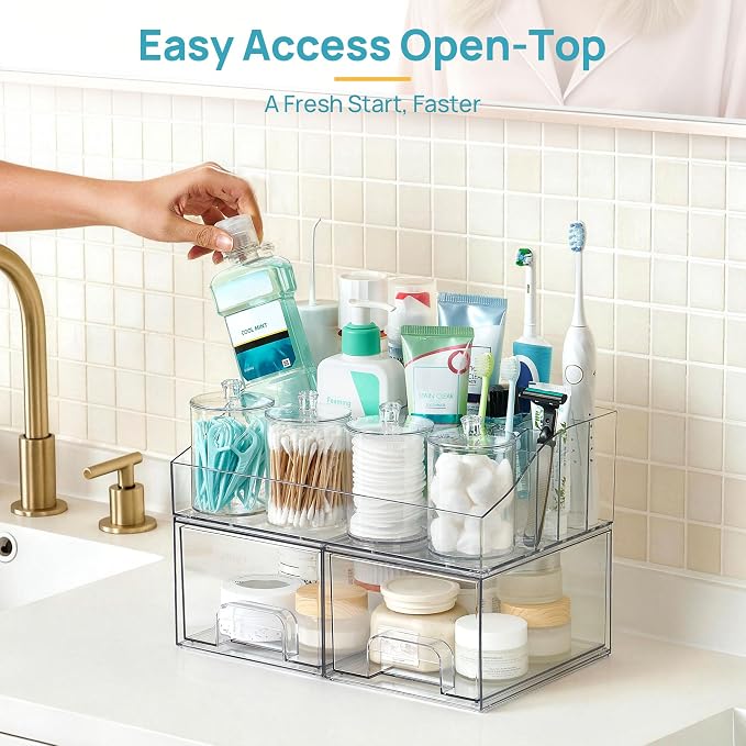 Vtopmart 7 PCS Bathroom Countertop Organizer | 1 Divided Tray, 4 Qtip Holder Jars, 2 Drawers, Clear, For Toothbrush, Cotton Pads, for bathroom countertop - Image 4