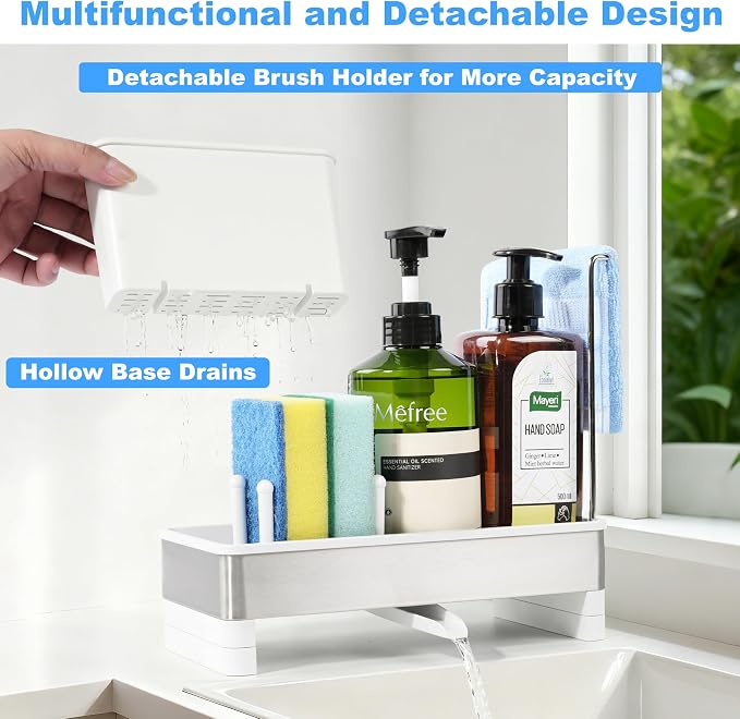 Sponge Holder for Kitchen Sink Caddy Organizer, Dish Brush Holder | Stainless Steel Sponge Caddy for Kitchen Countertop Organizer, Rustproof Dish Soap and Sponge Rack with Dishcloth Drying Rack - Image 5