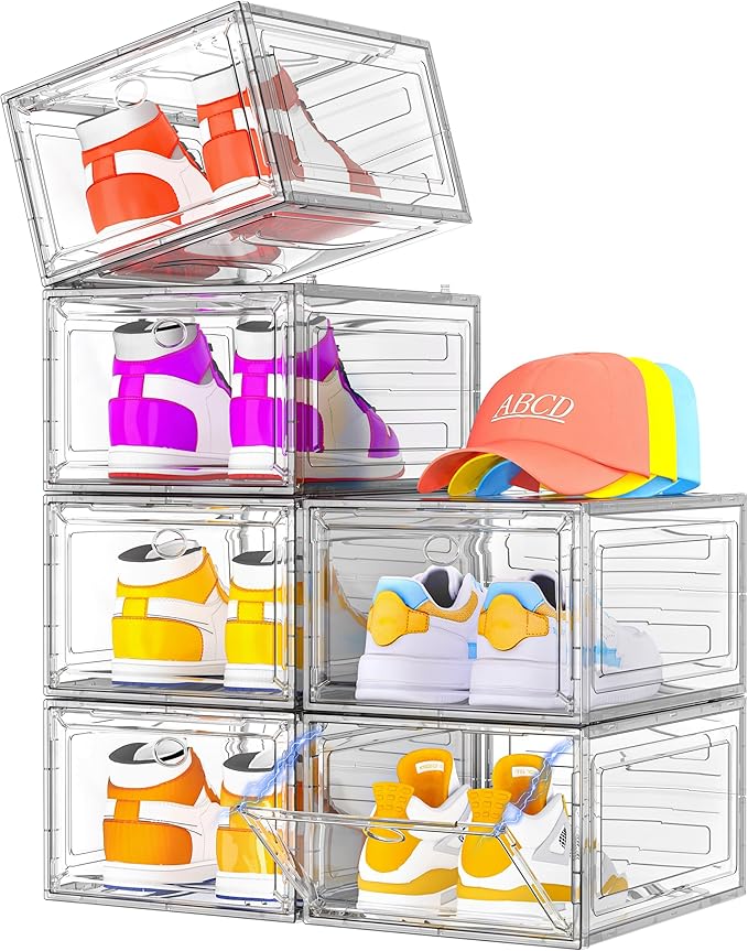 Sturdy Clear Shoe Organizer with Magnetic Door, Stackable Shoe Storage Box | Thick Plastic Shoe Storage for Sneakers & Boots, Collapsible Closet Shoe Rack and Clear Shoe Box, 6 Pack White by 7+code