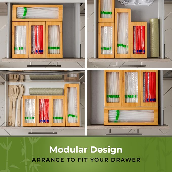 Bamboo Bag Organizer for Drawer, 4 Blocks, Plastic Bag Storage Holder | Kitchen organization with quick refill from the back; labels included; fits gallon, quart, sandwich and snack sizes - Image 7