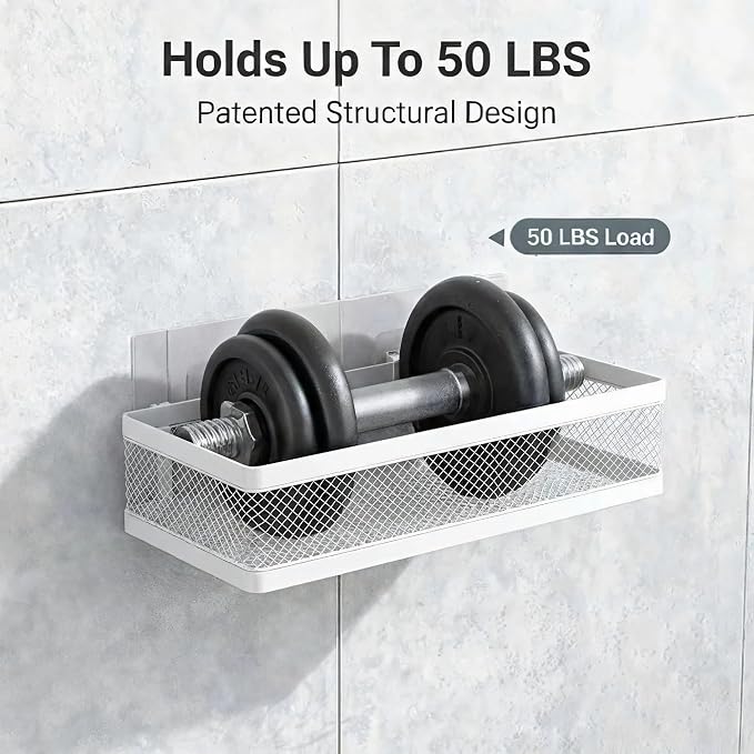 PUSDON Mesh Shower Caddy Wall Mount, Heavy Duty Adhesive Bathroom Shelf Organizer, Rustproof Floating Spice Rack for Kitchen Pantry, Holds 50 LBS, Multi-Purpose Storage White-2 Packs (Netting) - Image 6