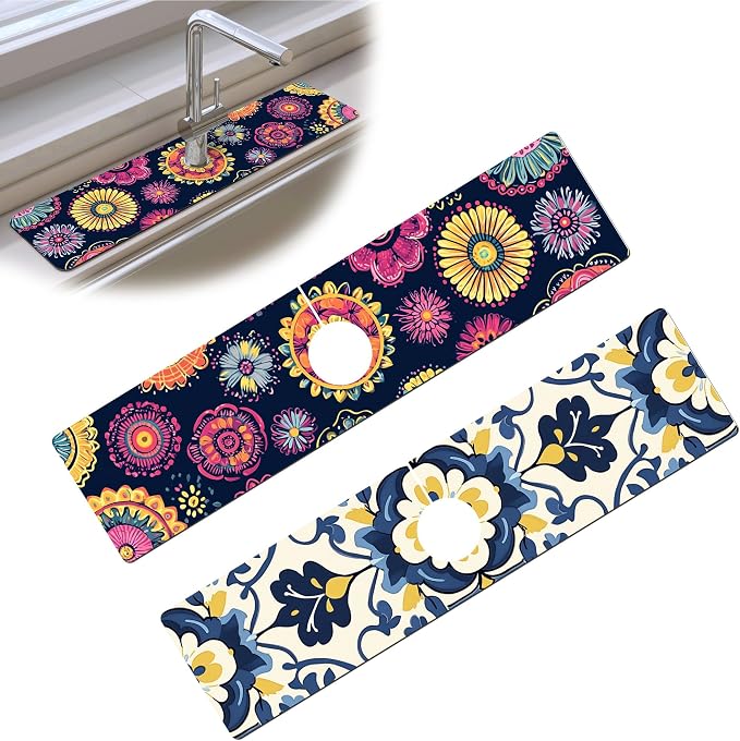 Bimkole 2 PCS Faucet Absorbent Mat, Kitchen Faucet Sink Splash Guard Wraparound Cloth Pads Drip Catcher for Sink Faucet for Kitchen Bathroom Faucet, Colorful Faucet Mat, 15 x 4 Inch Flower A6 by Bimkole