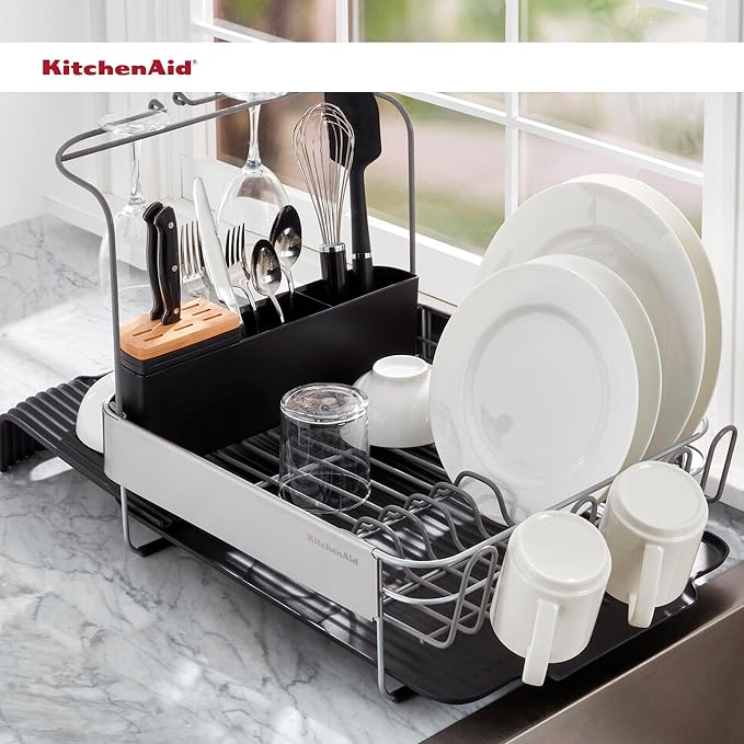 KitchenAid Compact to Full Size Expandable, Rust Resistant Satin Coated Dish Rack with Angled Self Draining Drain Board and Removable Flatware Caddy, 24-Inch, Charcoal - Image 9