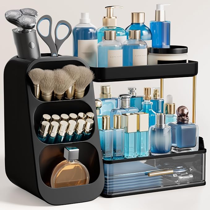 HBlife Bathroom Organizers and Storage with Brush Holder for Vanity, 3 Tier Plastic Makeup Organizer for Dresser Counter, Skincare, Lipstick, Perfume, and Cosmetic Storage, Black by HBlife