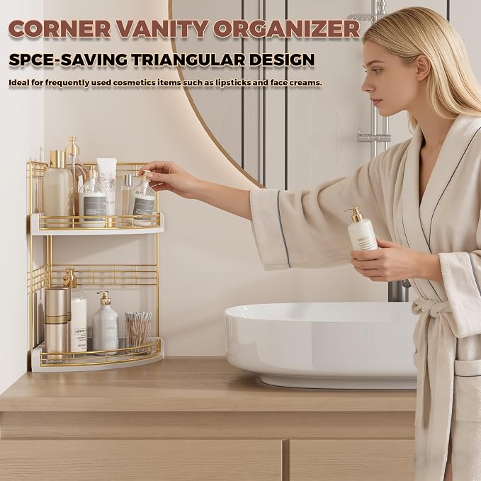 Bathroom Countertop Corner Organizer for Small Spaces, 2-Tier Counter Shelf | Oak Wood & Iron, Fan-Shaped Counter Shelf for Sink & Vanity Corners, Skincare, Toiletries, Compact Vertical Storage, White - Image 4