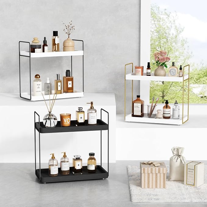 Forbena Black Bathroom Counter Organizer, Tiered Bathroom Organizer Countertop Tray, Corner Makeup Vanity Shelf Organizers and Storage for Men Perfume Skin Care Kitchen Sink Coffee Bar Station - Image 7