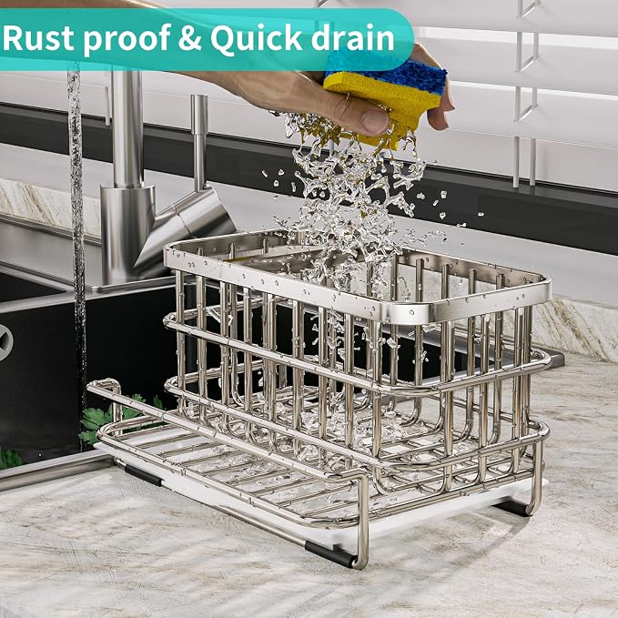 HapiRm Kitchen Sink Organizer, SUS304 Stainless Steel Rustproof Multifunctional Large Sink Caddy with Sponge Holder and Drain Tray for Kitchen Countertop (Silver) - Image 3