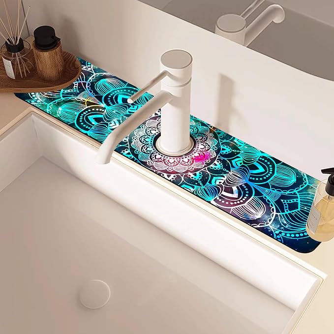 Kitchen Faucet Mat Galaxy Mandala Geometric Star Field Sink Splash Guard Behind Faucet Draining Mat Kitchen Accessories Non-slip Easy to Clean for Bathroom & Kitchen 24"X5.5" - Image 5