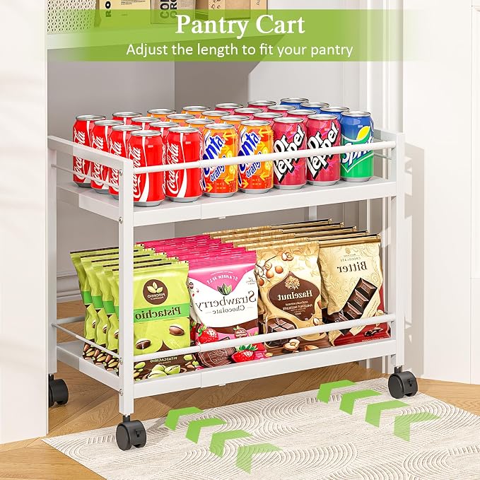 1 Pack 2-Tier Expandable Pantry Floor Organizer Cart, Rolling Pantry Storage Cart with Wheel, Adjustable Can Organizer for Kitchen Pantry, Pantry Shelves and Storage Rack for Snacks, Vegetables, White - Image 3