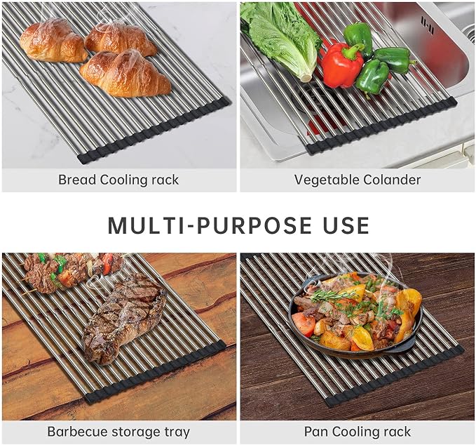 CHIRISEN Expandable Roll Up Dish Drying Rack Large, Foldable Over The Sink Dish Drying Rack, Collapsible Stainless Steel Drainer Over Sink Dish Drying Rack for Kitchen Counter (Black, 21.25''x12.79'') - Image 4