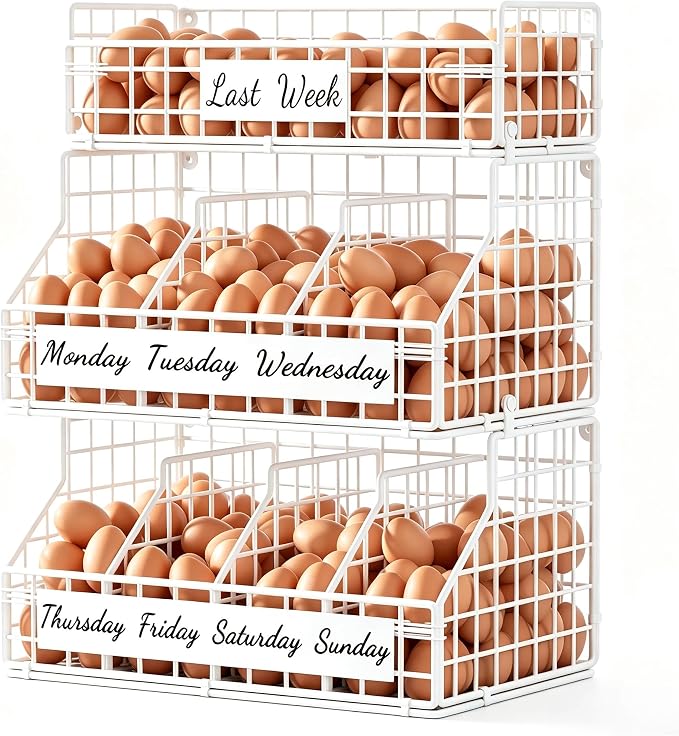 Egg Holder Countertop, Large 3T Chicken Egg Basket for Gathering Fresh Eggs | Egg Storage Organizer with Adjustable 5 Divider & Label, Stackable Wall Mounted Egg Collecting Basket Rack, XXL White by FURMORENE