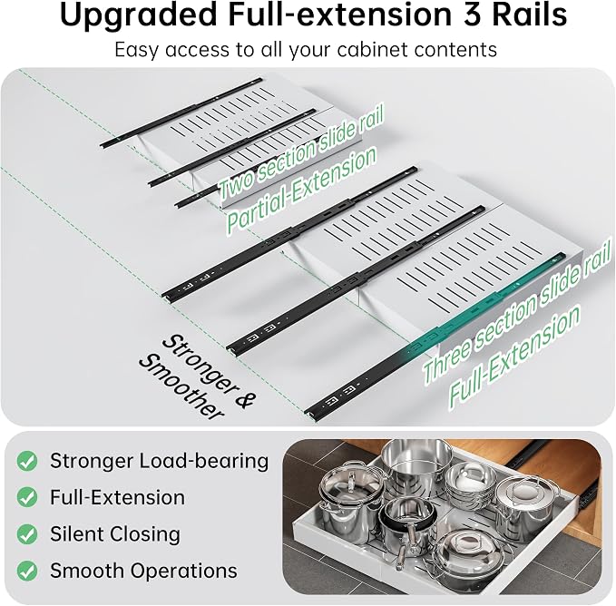 Pull out Cabinet Organizer, 2 pack, 16.5" Deep Heavy Slide out Drawers, Upgrade Three Triple-Slide Rail Systems, Expandable 12.8"-20.8" Roll out Shelf Storage for Kitchen Base Cabinet Organization - Image 2