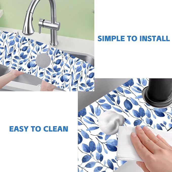 Watercolor Blue Leaves Sink Faucet Absorbing Mat Sink Splash Guard Faucet Mat Draining Mat Fast Drying Sink Protectors for Kitchen and Bathroom 5.5"×24" - Image 5