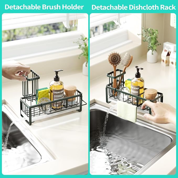 HapiRm Sponge Holder for Kitchen Sink - Self-draining Sink Caddy with Brush and Dishcloth Holders, Stainless Steel Kitchen Organizer for Countertop - Green - Image 3