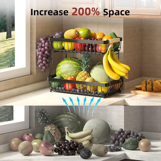 2-Tier Fruit Basket with Banana Hangers, Detachable Metal Bowl | Wooden handle, protective mats included. Versatile holder for bread, snacks, and veggies. Large 2 tier metal design. - Image 9
