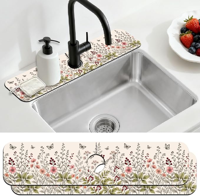 2 Pcs Retro Wildflower Bush Kitchen Sink Splash Guard Faucet Mat | Butterflies Pattern Faucet Mat for Sinks Flower Absorbing Drying Mat for Kitchen Bathroom, 23.6x5.5inch by CONCHLERY%E6%97%97%E8%88%B0%E5%BA%97