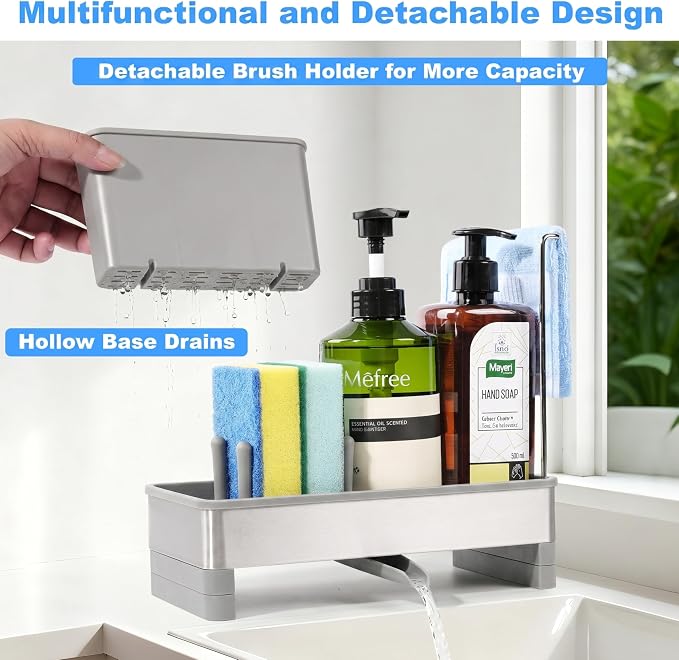 Sponge Holder for Kitchen Sink Caddy Organizer, Dish Brush Holder | Stainless Steel Sponge Caddy for Kitchen Countertop Organizer, Rustproof Dish Soap and Sponge Rack with Dishcloth Drying Rack - Image 5