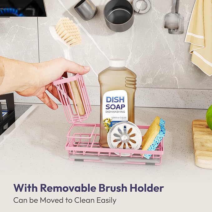 SWTYMIKI Sink Caddy Sponge Holder - Kitchen Sink Organizer with High Brush Holder for Countertop to Hold Dish Soaps and Sponges, Stainless Steel, Pink - Image 3