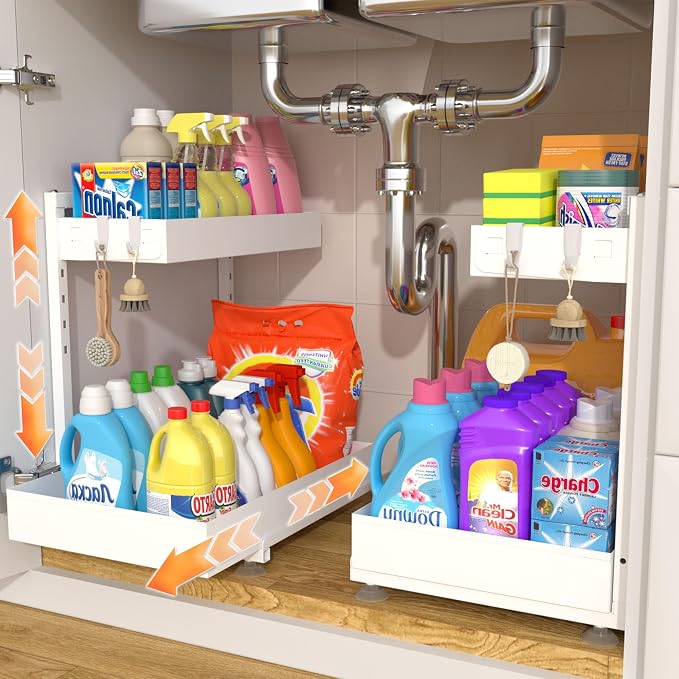 TATAANTY Under Sink Organizer, L-Shaped Metal 2-Tier Double Pull-Out Drawer for Kitchen & Bathroom Cabinets, Adjustable Height Storage - 50lbs Heavy Duty Waterproof 2PCS Height Adjustable by TATAANTY