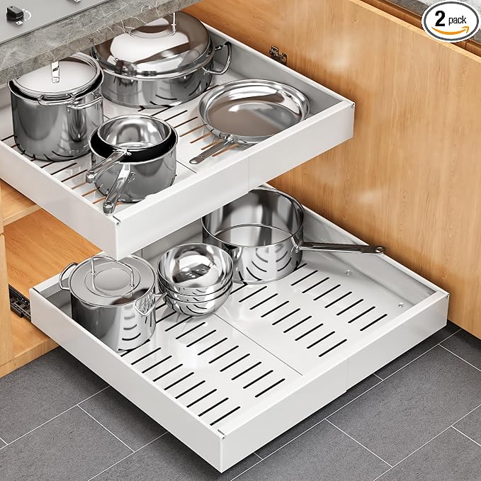 Pull out Cabinet Organizer, 2 pack, 16.5" Deep Heavy Slide out Drawers, Upgrade Three Triple-Slide Rail Systems, Expandable 12.8"-20.8" Roll out Shelf Storage for Kitchen Base Cabinet Organization by Turnyourhouseintoahome
