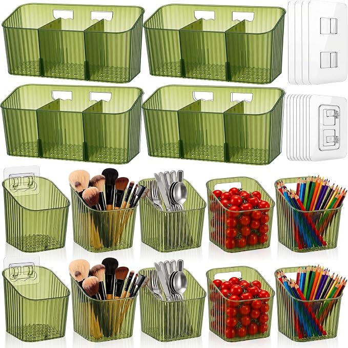 14 Pack Cabinet Door Organizer Adhesive Wall Mount Storage Bins Makeup Containers Stackable Organizer Basket for Kitchen Cabinets, Bathroom, Pantry, Office, Refrigerator (Frosted Green) by Ferrochef