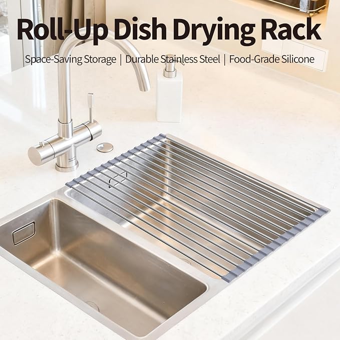 Roll Up Dish Drying Rack for Over Sink - 17.5"x15.7" Foldable Stainless Steel Kitchen Drainer,Gray - Image 2