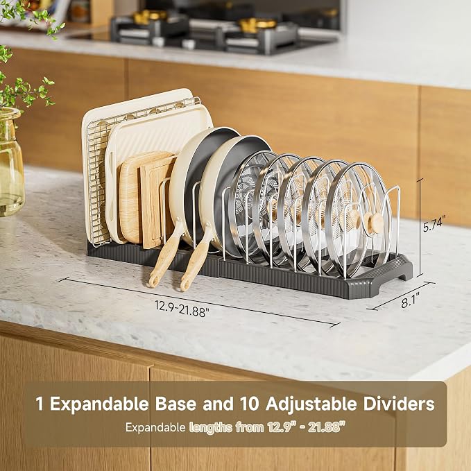MUDEELA Pots and Pans Organizer under Cabinet, Pan Pot Organizer Inside Cabinet, Expandable 12.9''-21.88'' Pot Lid Organizer Holder with 12 Adjustable Dividers for Cutting Boards, Pan Lid Rack, Black - Image 2