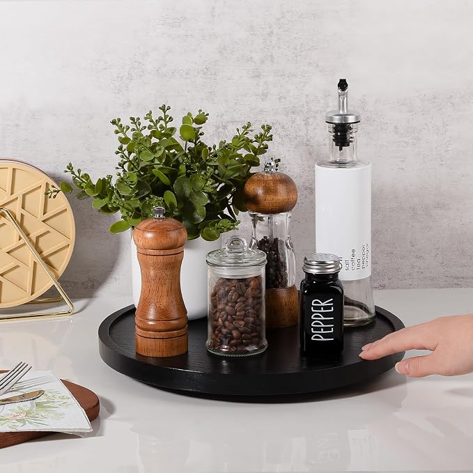 Wood Lazy Susan Turntable Kitchen Decor Round Table Tray, 12" Black | Waterpoof, Easy clean, Non-slip, Rotating Wooden Decorative Pantry Table Tray for Seasoning, spice, snack - Image 3