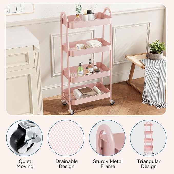 NEWBULIG 4-Tier Metal Rolling Storage Utility Cart with Lockable Wheels | Mobile Organizer Shelf, Space-Saving, Freestanding, Bathroom, Living Room, Slim, Narrow Corner Spaces, Pink - Image 2