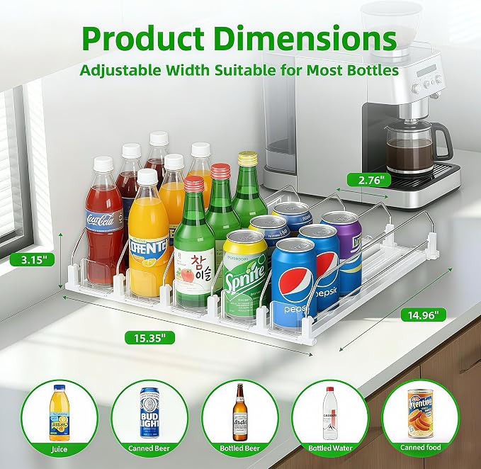Adjustable White Fridge Organizer, Automatic Can Dispenser & Drink Rack | Holds up to 25 Cans (12oz/16oz/20oz), Gliding Soda & Beer Organizer for Refrigerator - Space Saving Kitchen Storage - Image 2