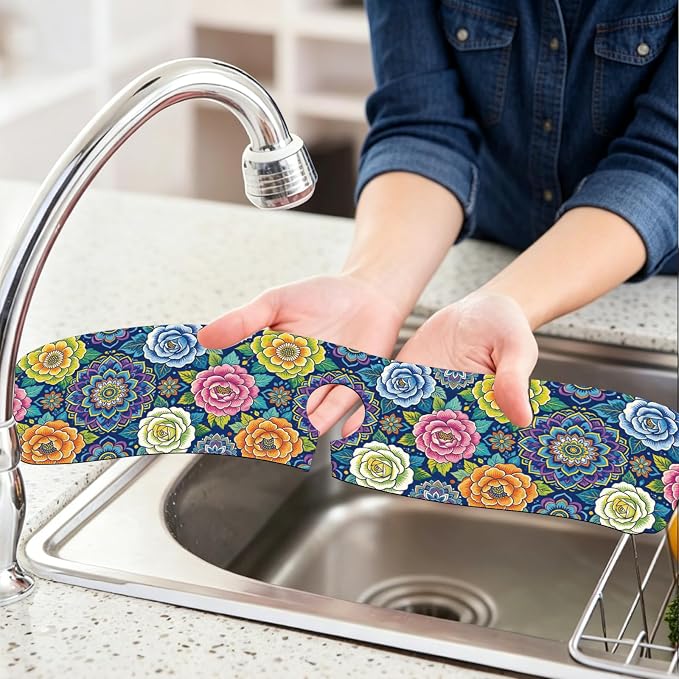 2 Pcs Kitchen Sink Splash Guard Faucet Mat Vintage Florals Faucet Mat for Sinks Bohemian Flowers Absorbing Drying Mats for Kitchen Bathroom, 23.6x5.5inch - Image 6
