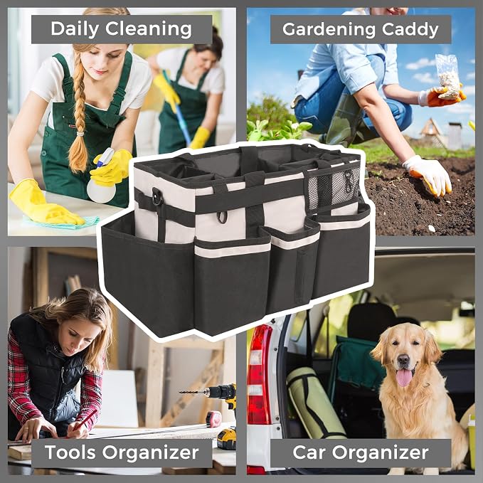 SCAVATA Wearable Cleaning Caddy, Cleaning Caddy Supplies Organizer with Handle & Shoulder Straps for Housekeepers, Under Sink & Car Cleaning Tool Organizers Bag with 4 Foldable Divider (Beige) - Image 7